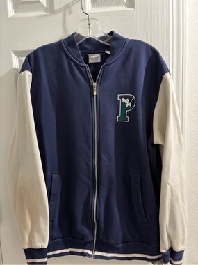 Puma Navy and White Kids Zip-Front Varsity Jacket with Green Logo